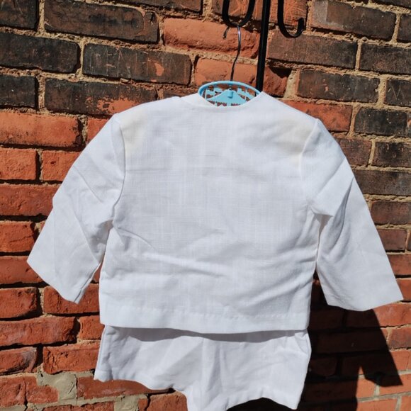 All White Linen Tuxedo Shorts w/ Suspenders Romper, Jacket & Bowtie Outfit 18mo - Picture 8 of 8